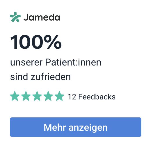 Jameda: 100% unserer Patient:innen sind zufrieden, 5 von 5 Sternen, 12 Feedbacks